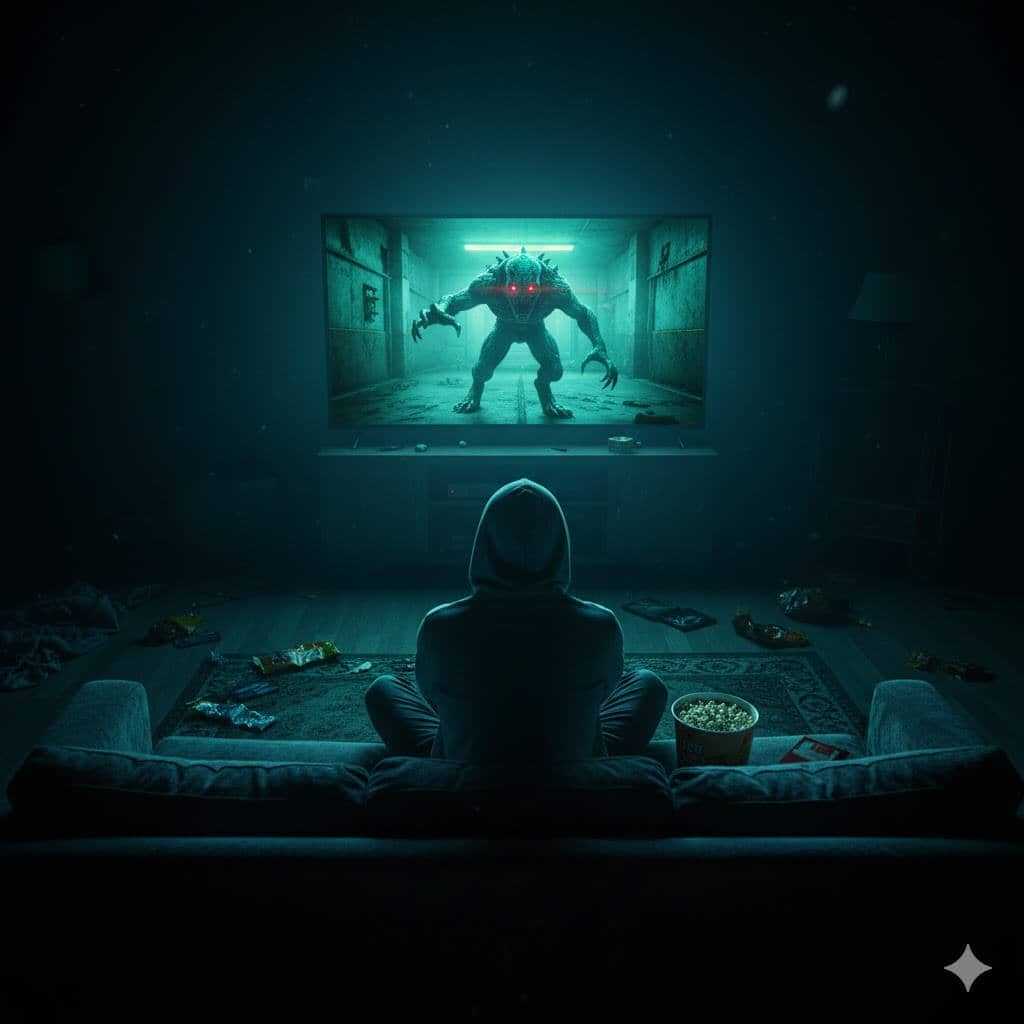Pessoa sozinha assistindo filme de terror